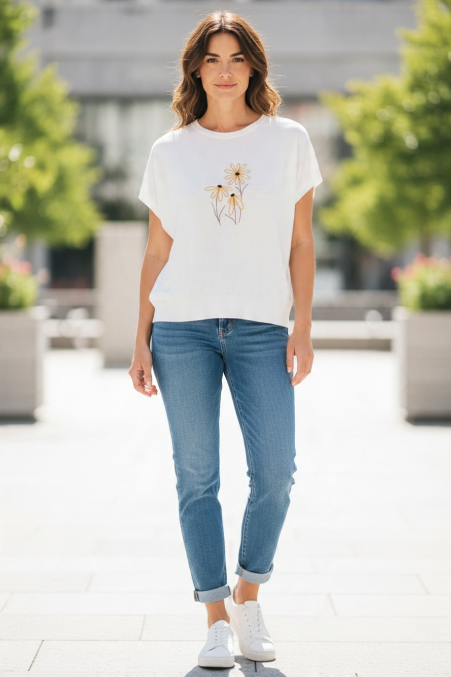 LOFT Outlet Floral Embroidered Sweater White Cotton